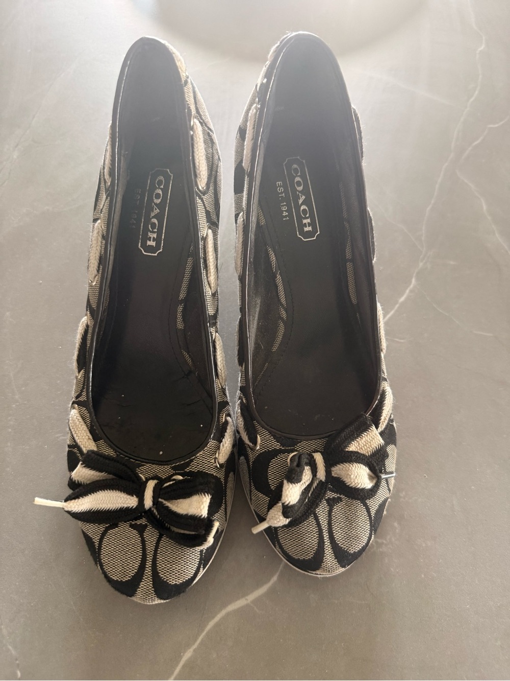 Coach Blue & white/ Cream Signature Bow wedge heels
